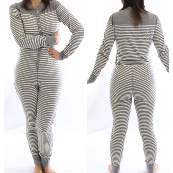 NWOT J Crew Long John PJ Gray Striped Lounge Romper, $98 Large F4 - Picture 1 of 8
